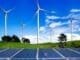Solar panel and wind turbine farm clean energy.