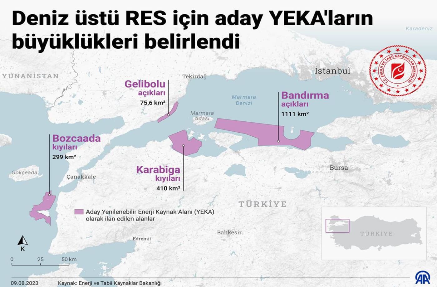 Denizüstü RES için aday YEKA'ların büyüklükleri belirlendir