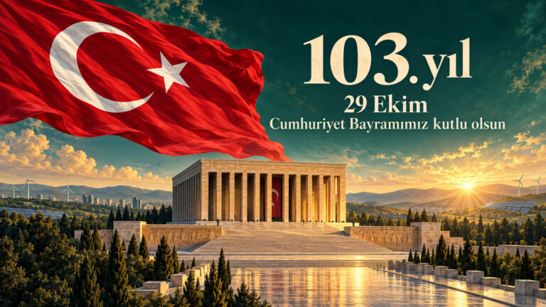 Cumhuriyetimizin 103. yılı kutlu olsun: Bilimle, birlikte, yeşil geleceğe Cumhuriyetimizin 103. yılı için Türk bayrağı, Anıtkabir, güneş panelleri ve rüzgâr türbinleriyle hazırlanan 29 Ekim kutlama illüstrasyonu.