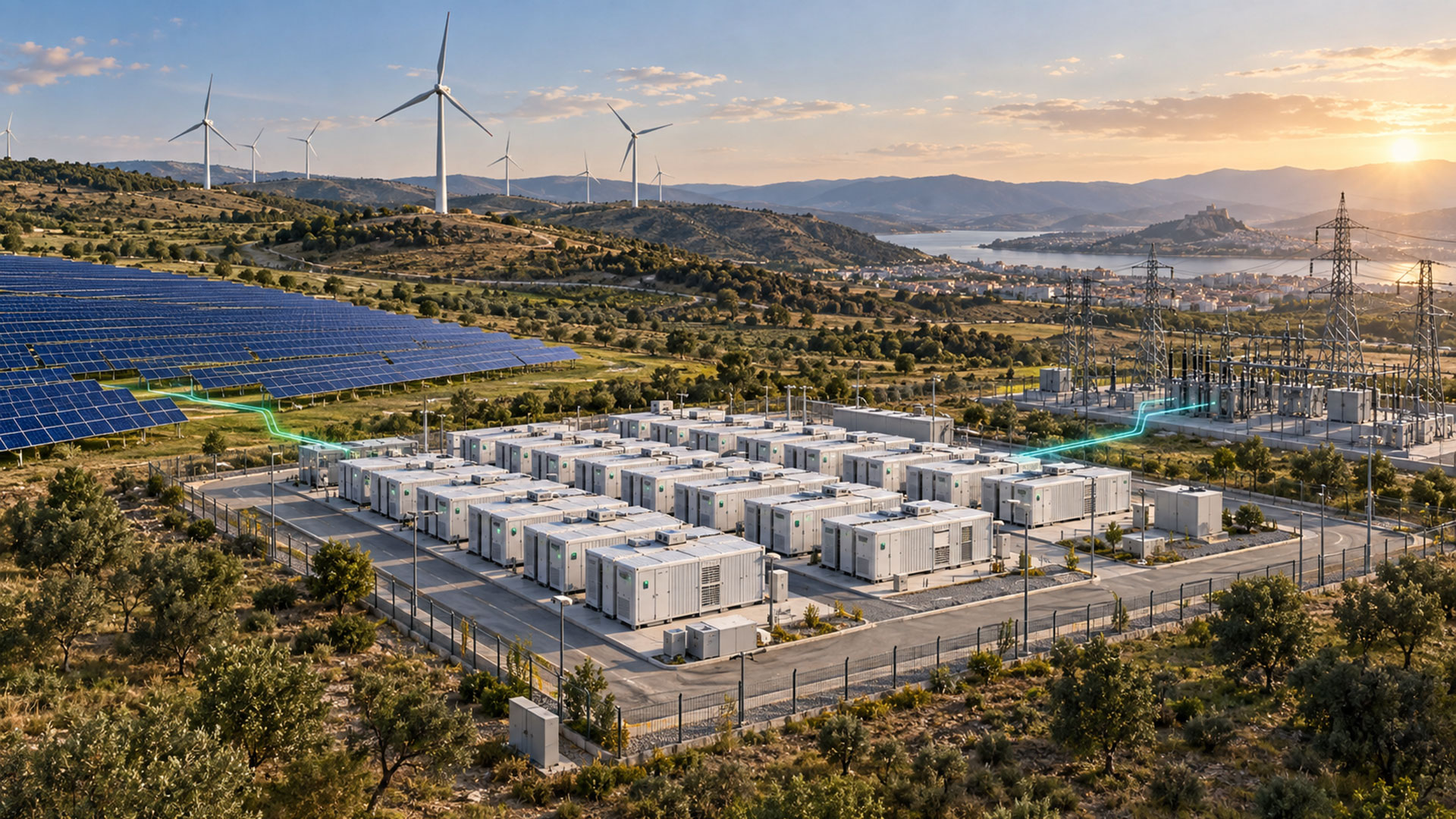 Yenilenebilir enerji kaynaklarını şebekeye bağlayan bataryalı enerji depolama tesisi, güneş panelleri ve rüzgar türbinlerinin temsili görünümü
