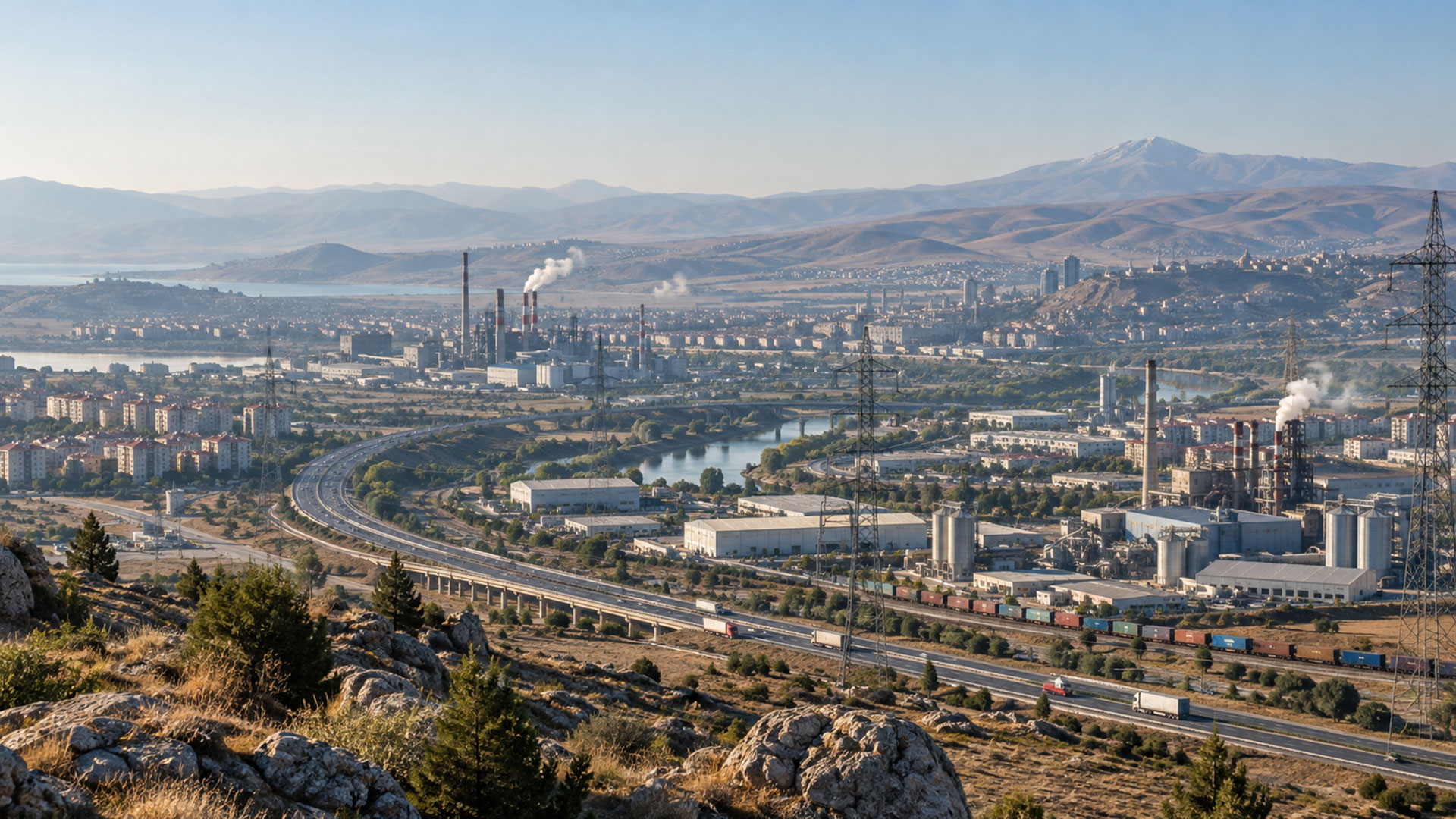 Türkiye sera gazı emisyonları haberini temsil eden kent, sanayi tesisleri ve ulaşım yolları panoraması