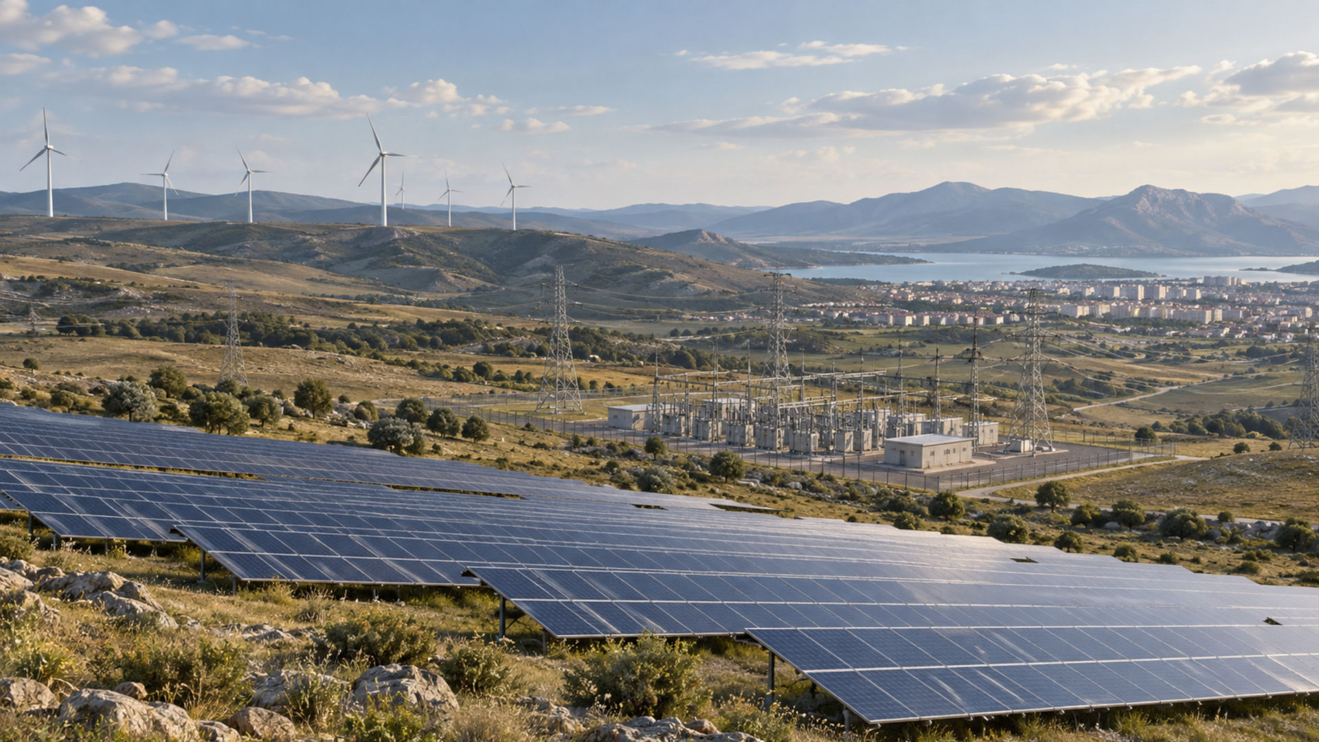 2040 ulusal enerji planı bağlamında güneş panelleri, rüzgar türbinleri ve trafo merkezini gösteren temsili manzara