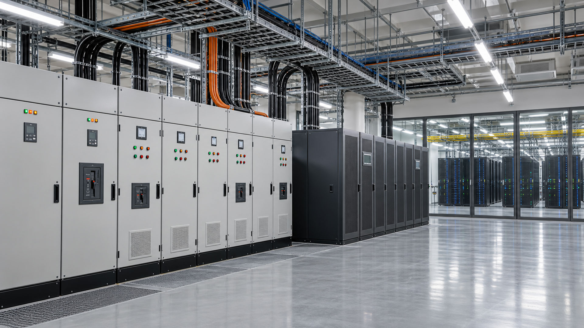 Veri merkezi elektrik tüketimiyle ilgili güç dağıtım panolarını ve kesintisiz güç kabinlerini gösteren temsili görsel