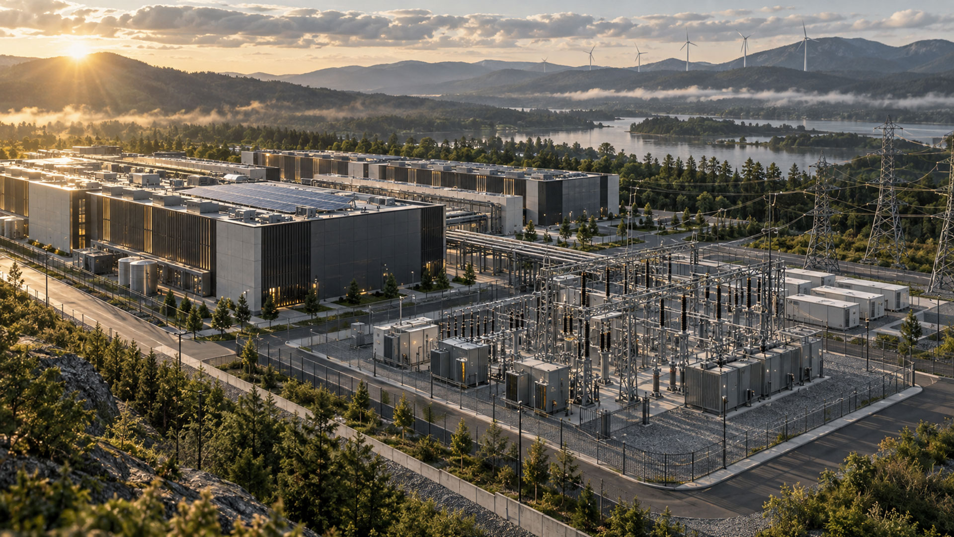 Antalya Yapay Zeka Taahhüdünün temiz elektrik gündemini anlatan veri merkezi, trafo merkezi ve yenilenebilir enerji altyapısının temsili görünümü