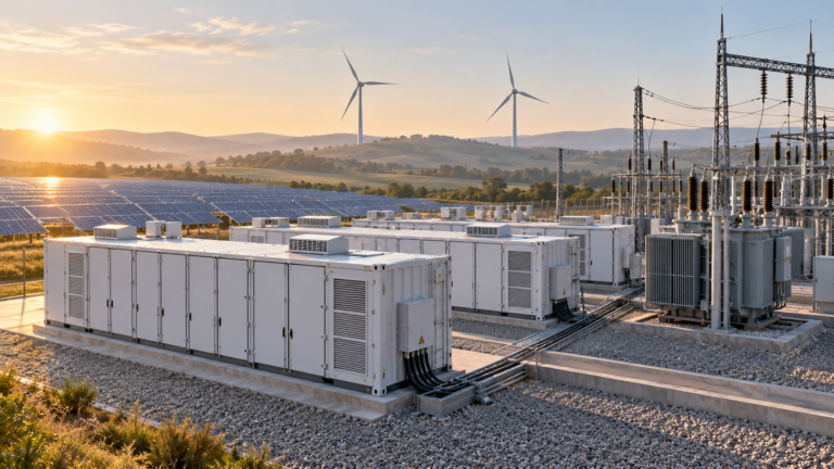 2027 programında batarya depolama hedefi 2.350 MW Batarya depolama konteynerleri, elektrik şebekesi ve yenilenebilir enerji tesislerini gösteren temsili illüstrasyon.