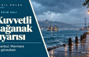 27 Ekim sağanak uyarısı için yağmur altında İstanbul Boğazı ve kuvvetli yağış başlıklı Yeşil Pulse görseli.