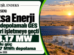 Aksa Enerji’nin Alıç depolamalı GES’i 48,17 MW ile işletmeye geçti Alıç depolamalı GES’in 48,17 MW güç ve 48,17 MWh depolamayla işletmeye geçişini anlatan Yeşil Endeks görseli.