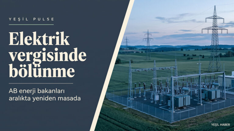 AB enerji bakanları şebeke tarifelerini görüştü: Genel yaklaşım aralık ayına kaldı Lacivert-gri panelde “Elektrik vergisinde bölünme” başlığı; sağda alacakaranlıkta kırsal alandan geçen yüksek gerilim hatları ve bir trafo merkezi.