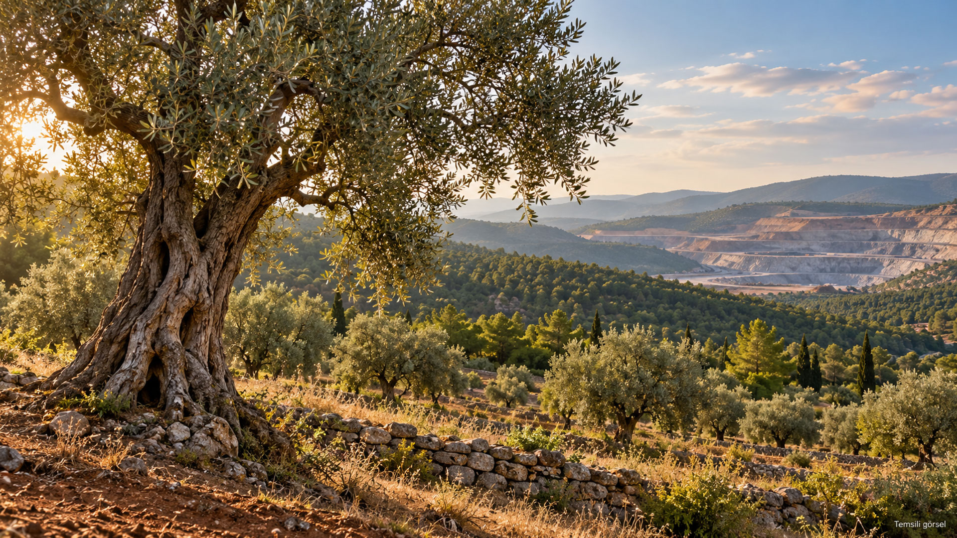 Ön planda zeytin ağaçları, arka planda ormanlık tepeler ve açık maden sahası bulunan temsili kırsal manzara.