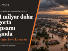 Allianz: Aşırı hava kayıplarında 131 milyar dolar sigorta dışında kaldı Sel altındaki yerleşim ve Allianz raporundaki 131 milyar dolarlık sigorta koruma açığını vurgulayan Yeşil Pulse görseli.