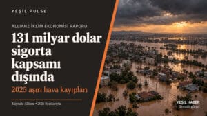 Sel altındaki yerleşim ve Allianz raporundaki 131 milyar dolarlık sigorta koruma açığını vurgulayan Yeşil Pulse görseli.
