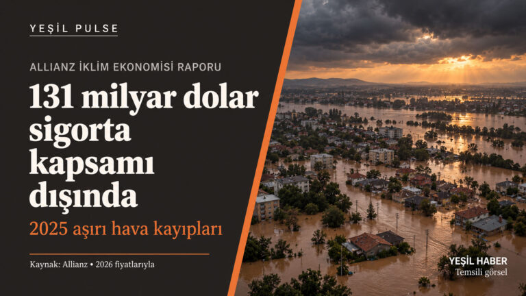 Sel altındaki yerleşim ve Allianz raporundaki 131 milyar dolarlık sigorta koruma açığını vurgulayan Yeşil Pulse görseli.