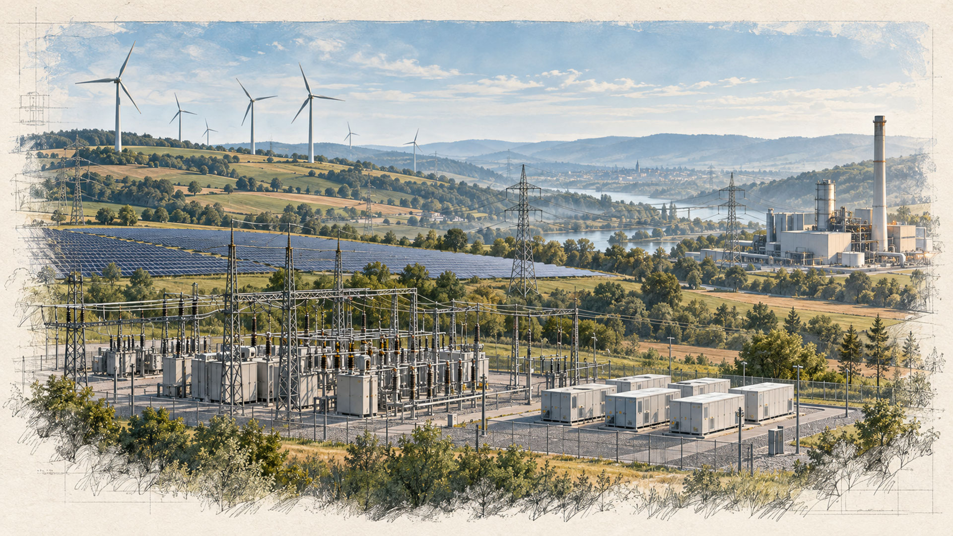 Rüzgâr türbinleri, güneş panelleri, batarya üniteleri, elektrik şebekesi ve doğal gaz santralinin temsili görünümü.
