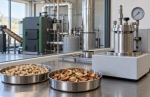 Alt ısıl değer nedir? 10 kg yakıtla 50 kWh hesaplama örneği Yakıt numuneleriyle dolu metal kaplar, laboratuvar kalorimetresi ve arka planda borulu biyokütle kazanı bulunan temsili enerji laboratuvarı