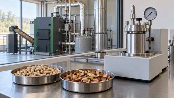 Yakıt numuneleriyle dolu metal kaplar, laboratuvar kalorimetresi ve arka planda borulu biyokütle kazanı bulunan temsili enerji laboratuvarı