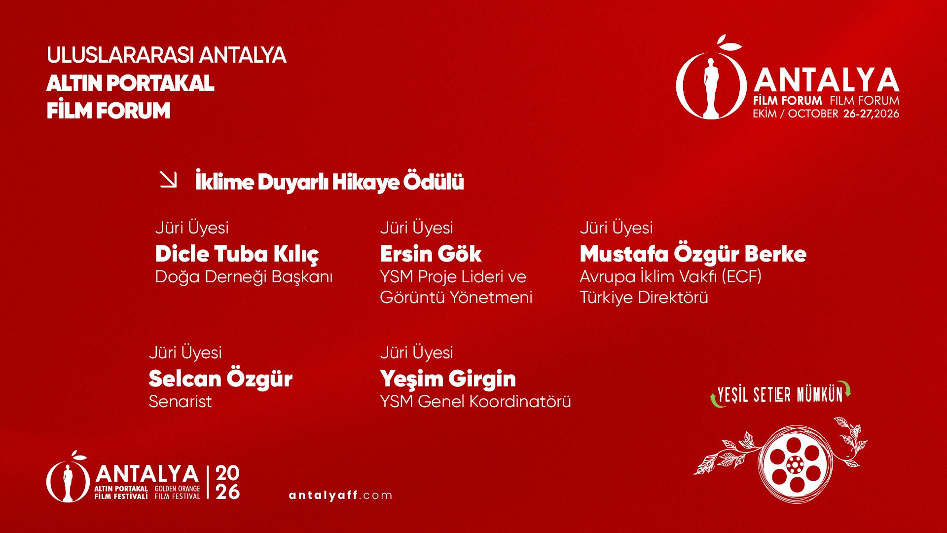 Antalya Film Forum İklime Duyarlı Hikâye Ödülü jürisindeki beş ismi ve görevlerini gösteren resmi duyuru.