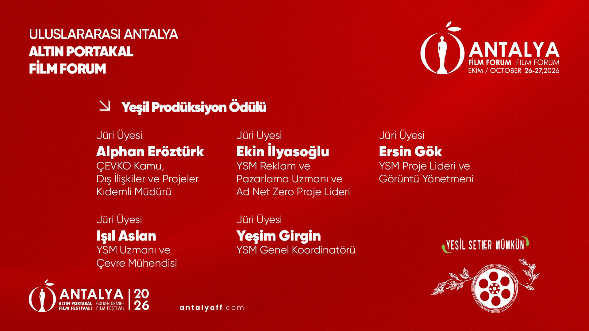 Altın Portakal Film Forum 2026 Yeşil Prodüksiyon Ödülü jüri üyelerini ve kurum görevlerini gösteren resmi duyuru.