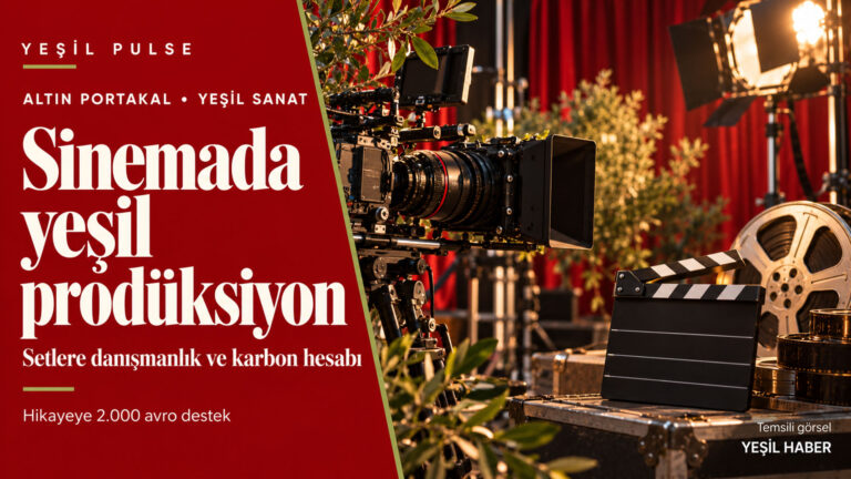 Altın Portakal’dan yeşil prodüksiyona destek, iklim hikayelerine 2.000 avro Altın Portakal’da yeşil prodüksiyon desteğini anlatan, sinema kamerası ve klaketli temsili Yeşil Pulse görseli.