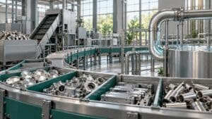 Ayrıştırılmış metal parçalar ve su devridaim hattıyla döngüsel üretimi anlatan temsili endüstriyel sahne
