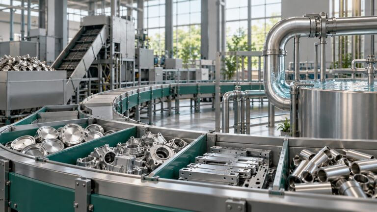 Ayrıştırılmış metal parçalar ve su devridaim hattıyla döngüsel üretimi anlatan temsili endüstriyel sahne