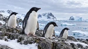 Kayalık ve karlı Antarktika kıyısındaki Adélie penguenlerini gösteren yapay zekâ üretimi temsili görsel.