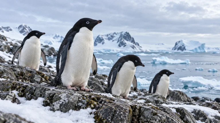 Kayalık ve karlı Antarktika kıyısındaki Adélie penguenlerini gösteren yapay zekâ üretimi temsili görsel.