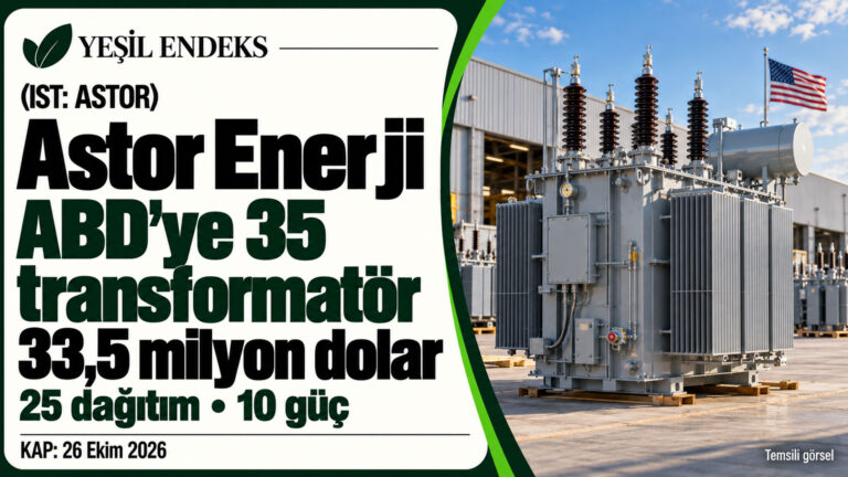 Astor’dan ABD’ye 35 transformatör için 33,5 milyon dolarlık sözleşme Astor Enerji’nin ABD’ye 35 transformatör için 33,5 milyon dolarlık sözleşmesini aktaran Yeşil Endeks görseli.