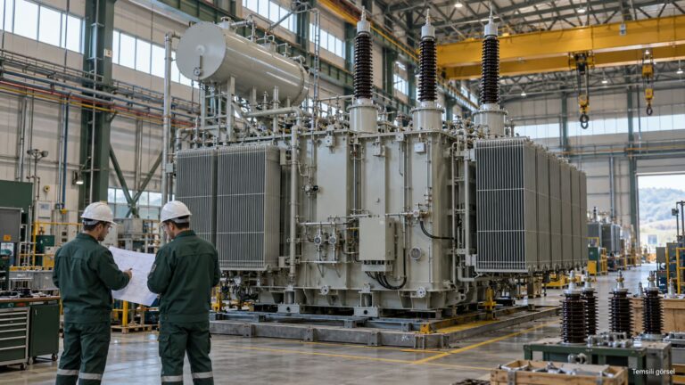Astor’dan ABD için 90 milyon dolarlık trafo siparişi Güç transformatörünün üretim ve teknik inceleme sürecini temsil eden görsel