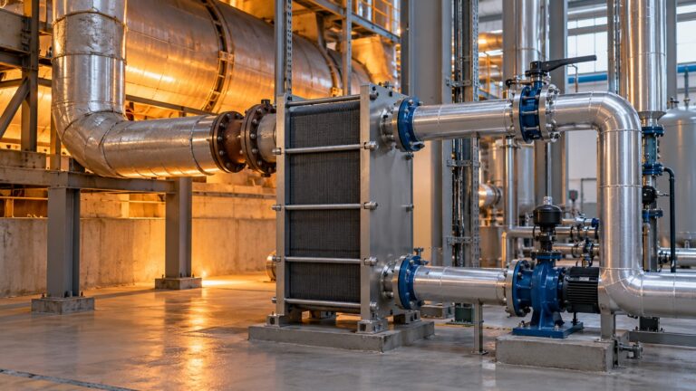 Atık ısı geri kazanımı nedir? 400 kWh ısı hesabı Fabrika tesisinde atık ısının yeniden kullanımını temsil eden plakalı ısı eşanjörü, yalıtılmış ayrı boru hatları ve sirkülasyon pompası.