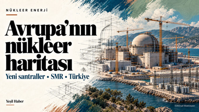 Avrupa’nın nükleer haritası başlığı yanında reaktör inşaatı, vinçler ve teknik çizimlerden oluşan temsili kompozisyon. Avrupa’nın nükleer haritası başlığı yanında reaktör inşaatı, vinçler ve teknik çizimlerden oluşan temsili kompozisyon.