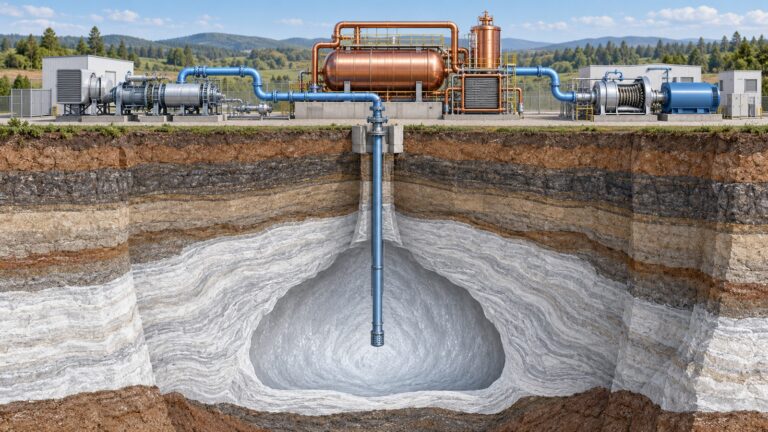 Basınçlı hava ile enerji depolama nedir? 100 MWh ile 10 saat örneği Kompresör, ısı depolama tankları ve jeneratörü yeraltındaki tuz boşluğuna borularla bağlayan basınçlı hava enerji depolama tesisinin temsili kesit görünümü.
