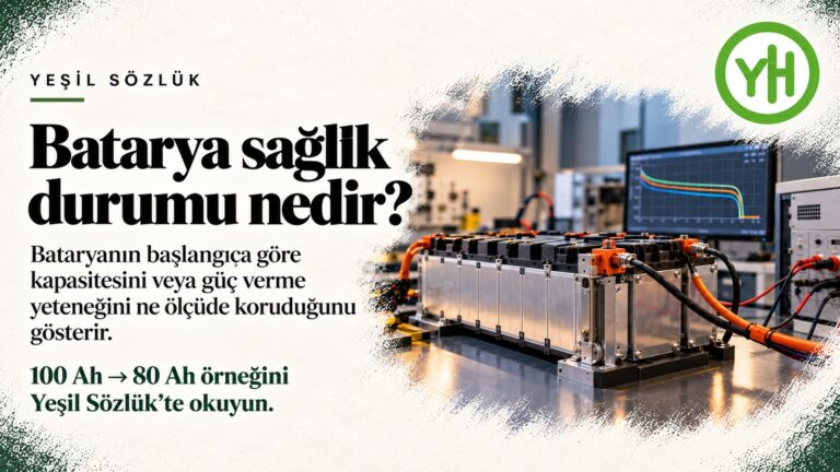 Batarya sağlık durumu nedir başlığı, başlangıca göre korunan kapasite veya güç yeteneğini açıklayan tanım, 100 Ah → 80 Ah örneğine okuma çağrısı ve YH işareti içeren yatay Yeşil Sözlük kapağı; sağda yalıtımlı kablolarla test cihazına bağlanan batarya modülü görülüyor.