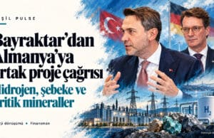 Türkiye Almanya enerji ortaklığı illüstrasyonu: Alparslan Bayraktar ve Hendrik Wüst, arka planda şebeke ve hidrojen tesisi