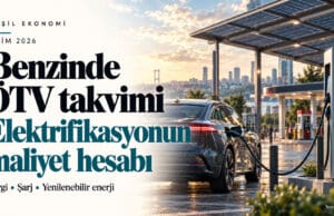 Benzinde ÖTV takvimi ve elektrikli araç maliyeti konulu kapakta güneş panelleri altında şarj edilen otomobil