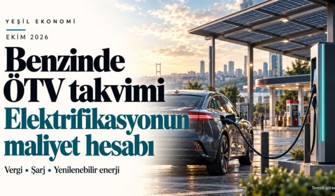 Benzinde 2026 ÖTV takvimi: Elektrifikasyon ve yenilenebilir enerjinin maliyet hesabı Benzinde ÖTV takvimi ve elektrikli araç maliyeti konulu kapakta güneş panelleri altında şarj edilen otomobil