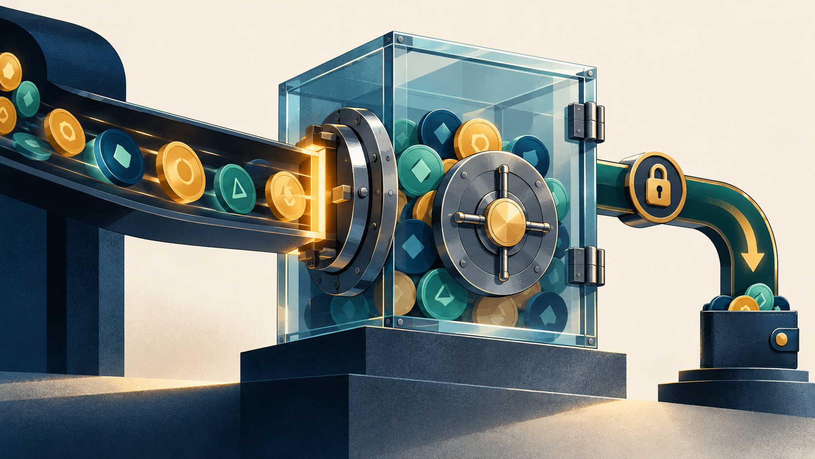 Binance saldırısının mali etkisi ve dondurulan varlıklar için cam kasa, dijital tokenlar ve kilitli aktarım yolu illüstrasyonu