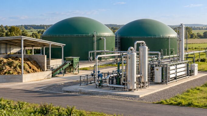 Biyometan üretimi ve gaz saflaştırma — temsili görsel Biyometan üretim sürecini temsil eden yeşil kubbeli biyogaz reaktörleri, paslanmaz çelik gaz ayırma ekipmanı, membran modülleri ve bağlantı boruları