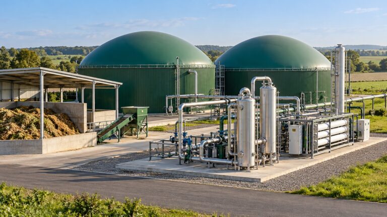 Biyometan üretim sürecini temsil eden yeşil kubbeli biyogaz reaktörleri, paslanmaz çelik gaz ayırma ekipmanı, membran modülleri ve bağlantı boruları