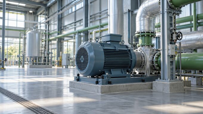 Sanayi tesisinde elektrik motoru ve yalıtımlı borularla enerji tasarrufunu anlatan temsili sahne