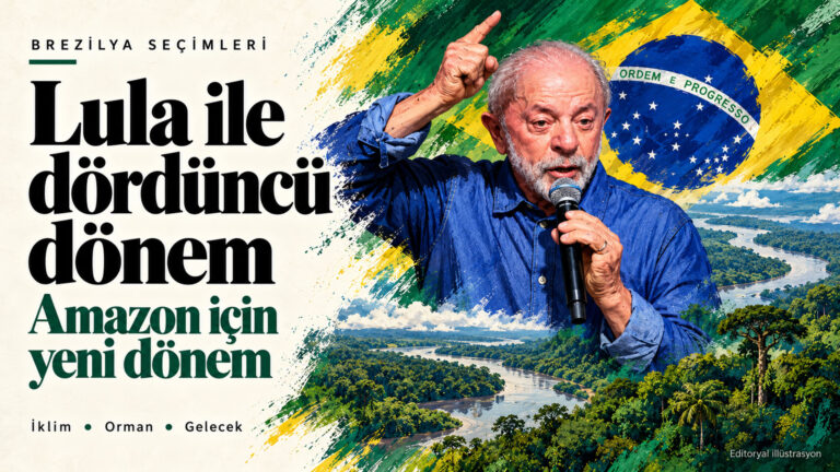 Brezilya’da Lula dördüncü kez seçildi: Amazon için yeni dönem Brezilya seçim sonuçları ve Lula’nın dördüncü dönemi için Brezilya bayrağı ve Amazon ormanlarıyla hazırlanan editoryal illüstrasyon
