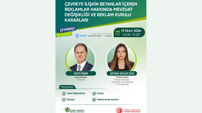 ÇEVKO, çevresel reklam beyanlarını 19 Ekim’de ele alacak ÇEVKO’nun 19 Ekim 2026 saat 14.00–15.00 çevresel reklam beyanları webinarının resmi afişi.