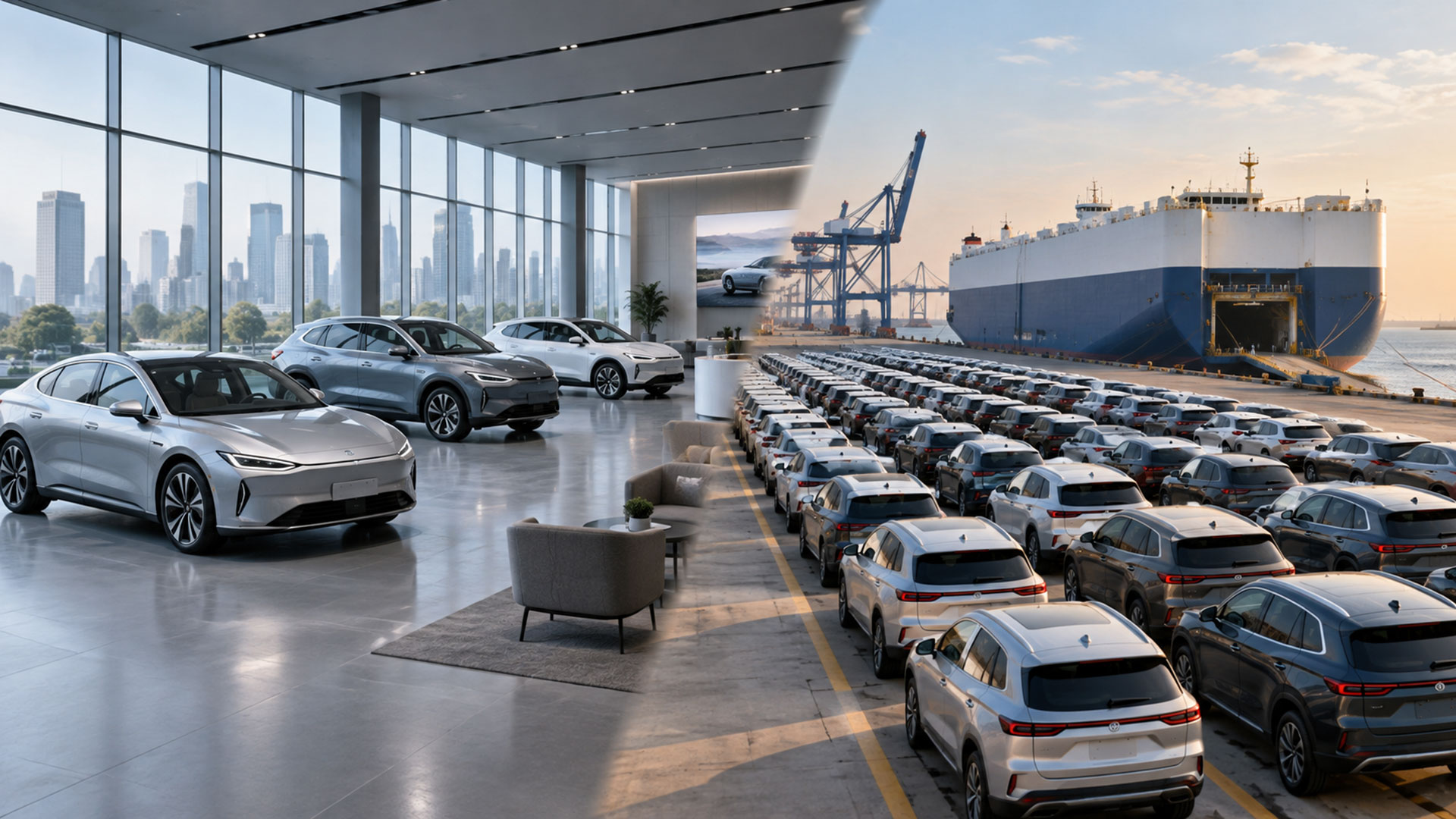 Çin otomobil iç pazarını temsil eden sakin bir showroom ile ihracat terminalinde gemiye sevk edilmeyi bekleyen otomobiller.