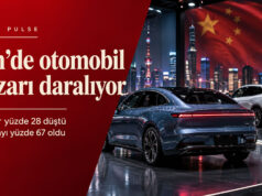 Çin otomobil satışlarındaki yüzde 28 düşüşü ve yeni enerjili araçların yüzde 67 pazar payını vurgulayan Yeşil Pulse kapağı.