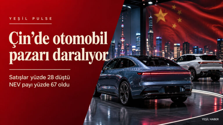 Çin otomobil satışları yüzde 28 düştü, yeni enerjili araçların payı yüzde 67 oldu Çin otomobil satışlarındaki yüzde 28 düşüşü ve yeni enerjili araçların yüzde 67 pazar payını vurgulayan Yeşil Pulse kapağı.