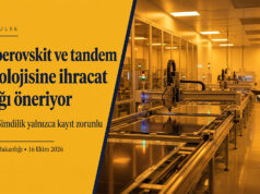 Çin'in perovskit ve tandem güneş hücresi üretim teknolojisine ihracat yasağı önerisini duyuran sarı Yeşil Pulse kapağı; sağda sarı ışıklı temiz odada perovskit kaplama hattında çalışan iki mühendis.