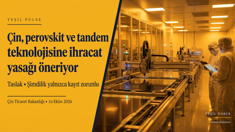 Çin, perovskit ve tandem üretim teknolojisine ihracat yasağına hazırlanıyor Çin'in perovskit ve tandem güneş hücresi üretim teknolojisine ihracat yasağı önerisini duyuran sarı Yeşil Pulse kapağı; sağda sarı ışıklı temiz odada perovskit kaplama hattında çalışan iki mühendis.