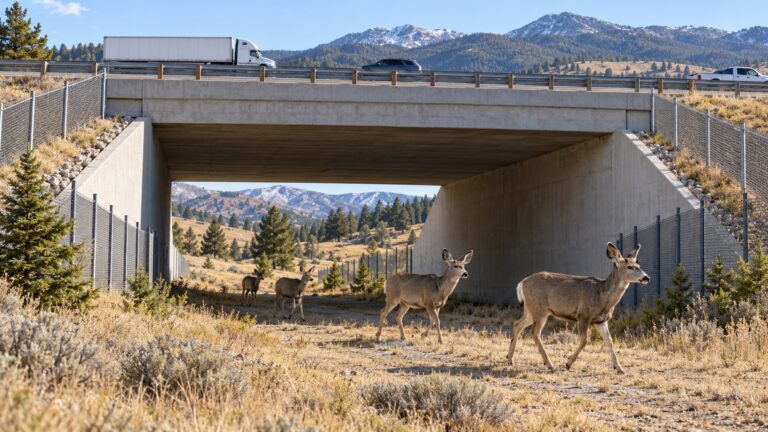 Colorado’da yaban hayatı geçitleriyle çarpışmalar yüzde 85 azaldı Yaban hayvanlarını otoyolun altındaki geniş ve doğal zeminli güvenli geçide yönlendiren çitleri gösteren temsili görsel