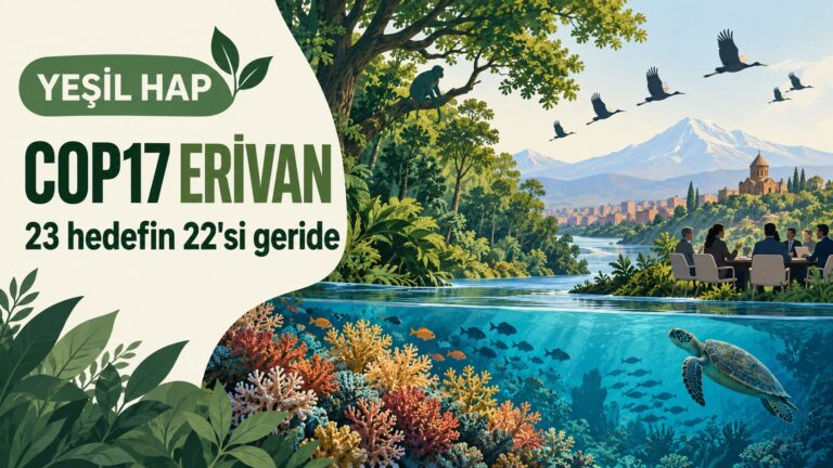 COP17 son düzlükte: 23 doğa hedefinin 22’sinde dünya geride, finansman açığı sürüyor Erivan’daki COP17 biyoçeşitlilik zirvesinde 2030 doğa hedeflerinin 23'ünden 22'sinde geride kalındığını anlatan Yeşil Hap kartı; yapay zekâ ile oluşturulmuş temsili illüstrasyon, gerçek bir zirve fotoğrafı değildir.