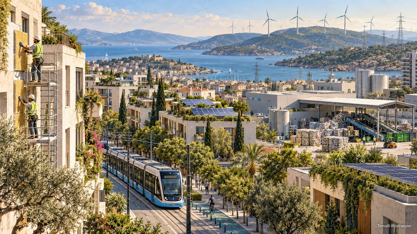 Elektrikli tramvay, güneş panelleri, rüzgâr türbinleri, bina yalıtımı ve geri dönüşüm tesisini birleştiren temsili kent manzarası
