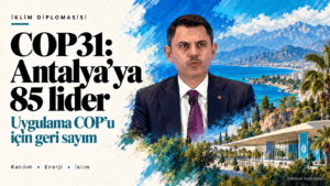 Murat Kurum’un portresi ve Antalya manzarasıyla COP31’e 85 liderin katılım bildirimini konu alan editoryal illüstrasyon